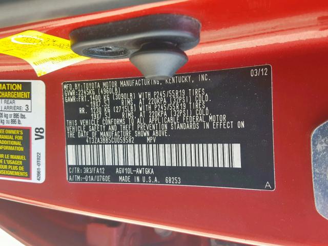 4T3ZA3BB5CU059582 - 2012 TOYOTA VENZA LE RED photo 10