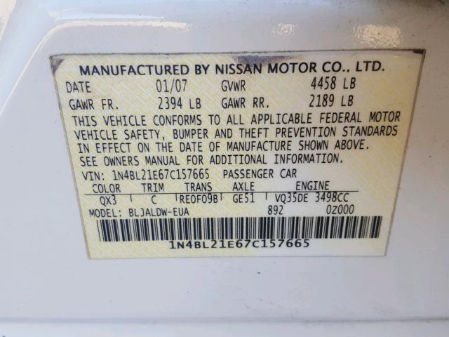 1N4BL21E67C157665 - 2007 NISSAN ALTIMA 3.5 WHITE photo 10