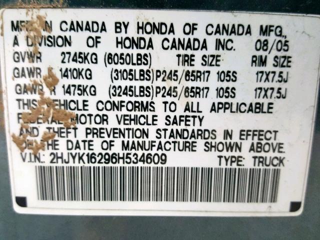 2HJYK16296H534609 - 2006 HONDA RIDGELINE BLUE photo 10