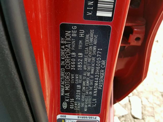 KNADM4A33H6005771 - 2017 KIA RIO LX RED photo 10