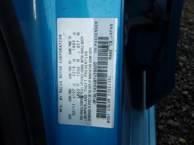 JM1BL1K64B1458600 - 2011 MAZDA 3 S BLUE photo 10