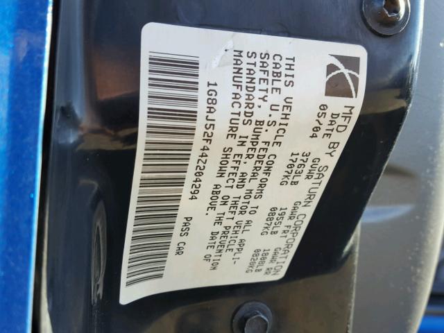 1G8AJ52F44Z204294 - 2004 SATURN ION LEVEL BLUE photo 10