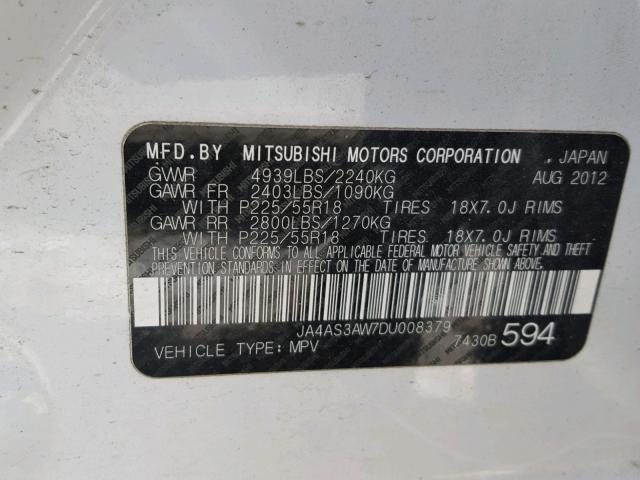 JA4AS3AW7DU008379 - 2013 MITSUBISHI OUTLANDER WHITE photo 10