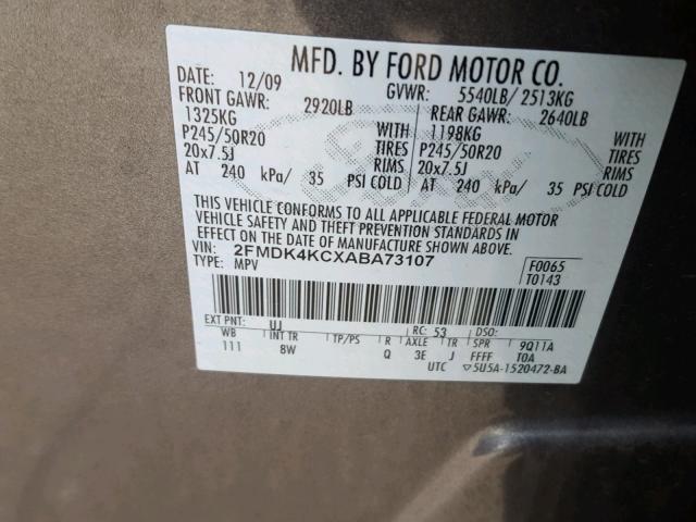 2FMDK4KCXABA73107 - 2010 FORD EDGE LIMIT GRAY photo 10