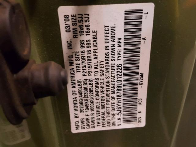 5J6YH18788L012226 - 2008 HONDA ELEMENT EX GREEN photo 10