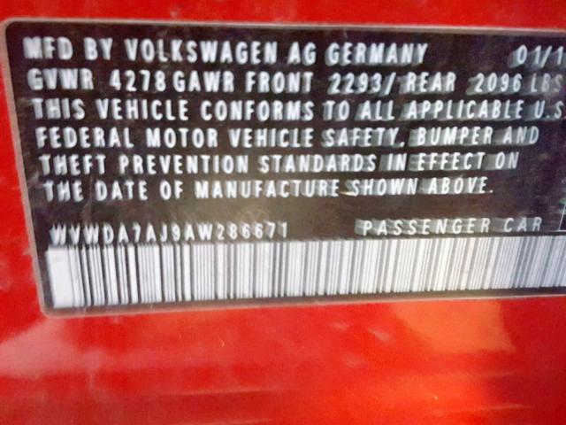 WVWDA7AJ9AW286671 - 2010 VOLKSWAGEN GOLF 红色 照片 10