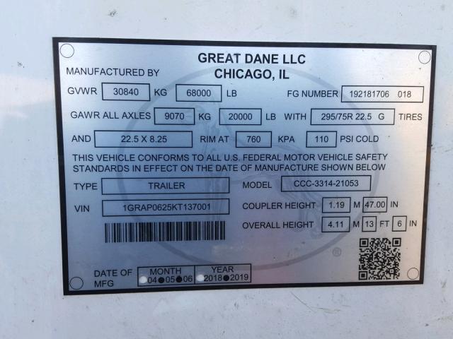 1GRAP0625KT137001 - 2019 GREAT DANE TRAILER DRY VAN WHITE photo 10