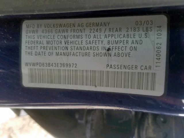 WVWPD63B43E369972 - 2003 VOLKSWAGEN PASSAT GLS BLUE photo 10