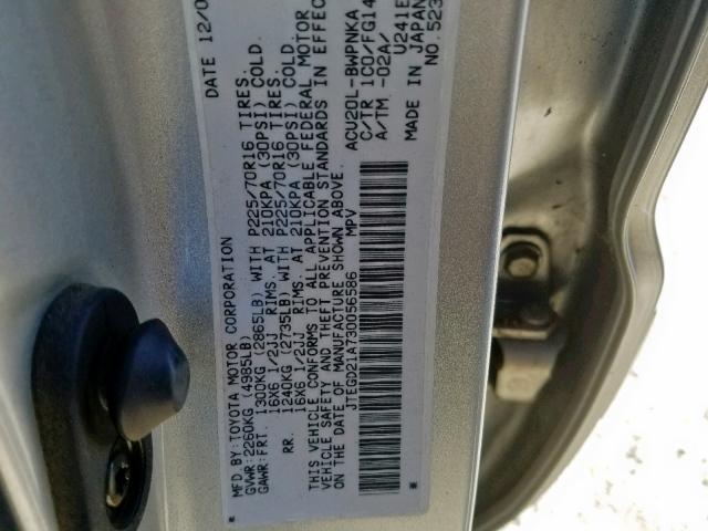 JTEGD21A730056586 - 2003 TOYOTA HIGHLANDER SILVER photo 10