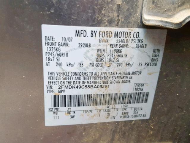 2FMDK49C58BA08391 - 2008 FORD EDGE LIMIT SILVER photo 10