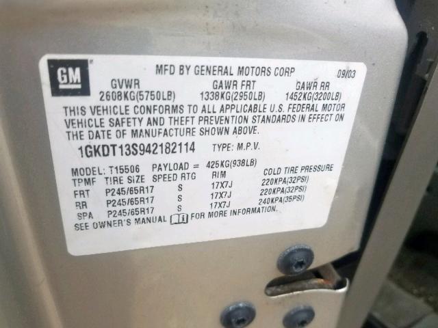 1GKDT13S942182114 - 2004 GMC ENVOY SILVER photo 10