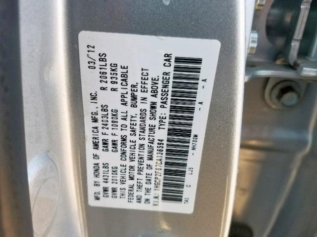 1HGCP2F87CA136594 - 2012 HONDA ACCORD EXL SILVER photo 10