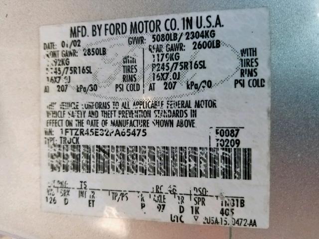 1FTZR45E32PA65475 - 2002 FORD RANGER SUP SILVER photo 10