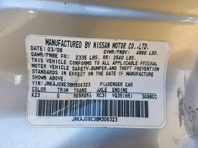 JNKAJ09E38M306323 - 2008 INFINITI EX35 BASE SILVER photo 10