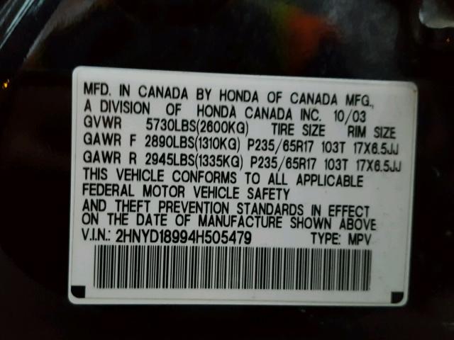 2HNYD18994H505479 - 2004 ACURA MDX TOURIN BLACK photo 10