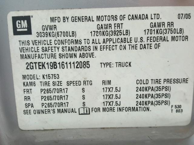 2GTEK19B161112085 - 2006 GMC NEW SIERRA SILVER photo 10