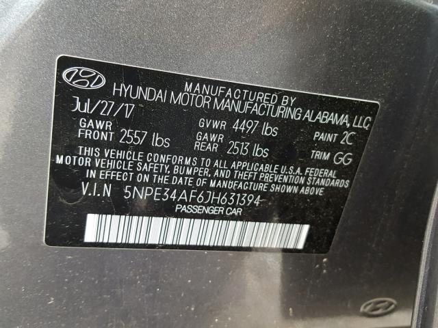 5NPE34AF6JH631394 - 2018 HYUNDAI SONATA SPO CHARCOAL photo 10