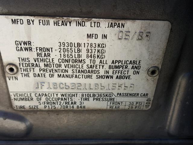 JF1BC6321LB615669 - 1990 SUBARU LEGACY L GRAY photo 10