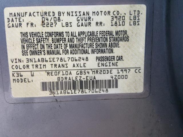 3N1AB61E78L706248 - 2008 NISSAN SENTRA 2.0 SILVER photo 10