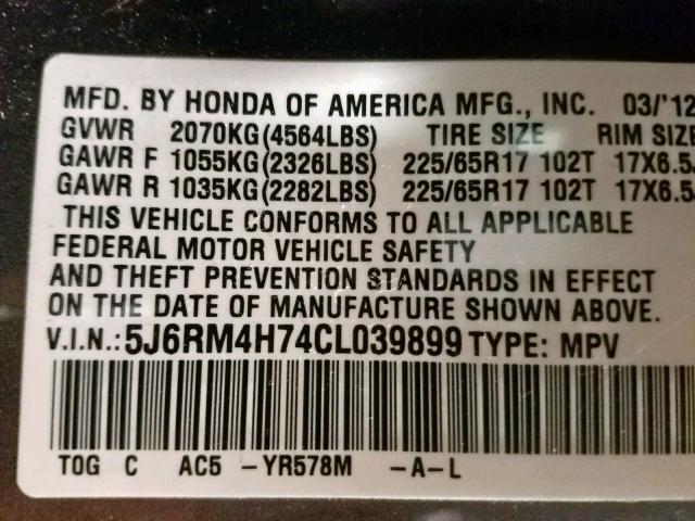 5J6RM4H74CL039899 - 2012 HONDA CR-V EXL GRAY photo 10