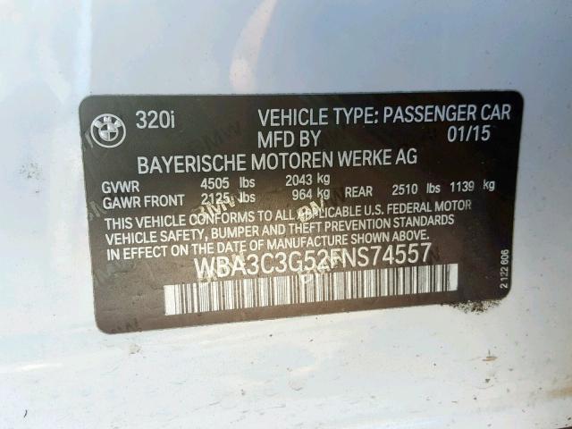 WBA3C3G52FNS74557 - 2015 BMW 320 I WHITE photo 10