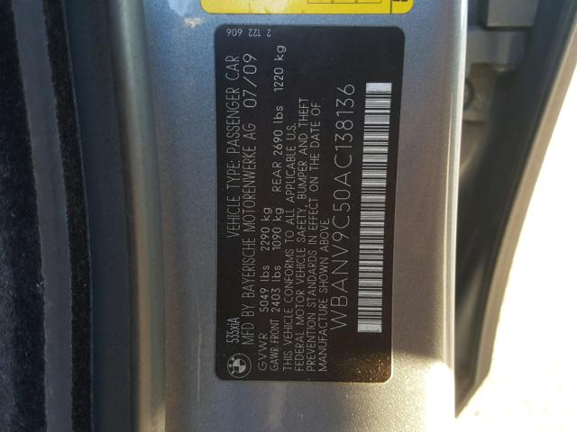 WBANV9C50AC138136 - 2010 BMW 535 XI GRAY photo 10