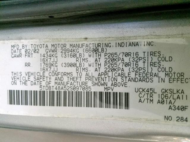 5TDBT48A52S097085 - 2002 TOYOTA SEQUOIA LI GRAY photo 10