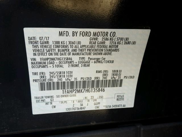 1FAHP2MK7HG135846 - 2017 FORD TAURUS POL BLACK photo 10