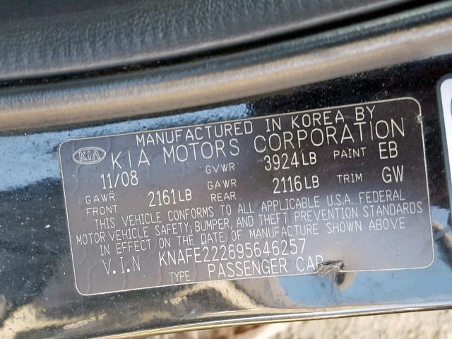 KNAFE222695646257 - 2009 KIA SPECTRA EX BLACK photo 10