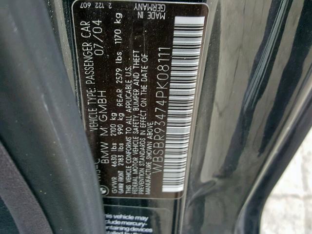 WBSBR93474PK08111 - 2004 BMW M3 BLACK photo 10