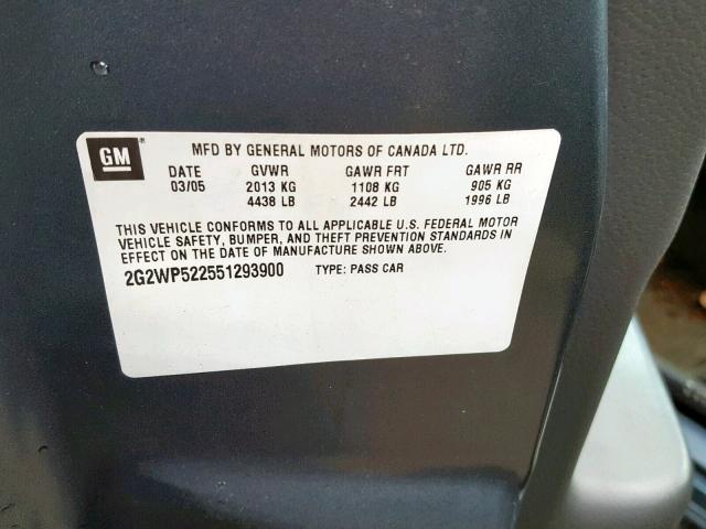 2G2WP522551293900 - 2005 PONTIAC GRAND PRIX GRAY photo 10