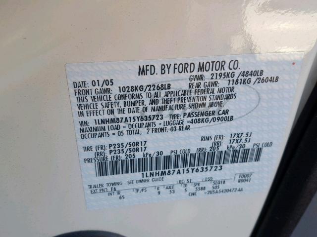 1LNHM87A15Y635723 - 2005 LINCOLN LS 白色 照片 10