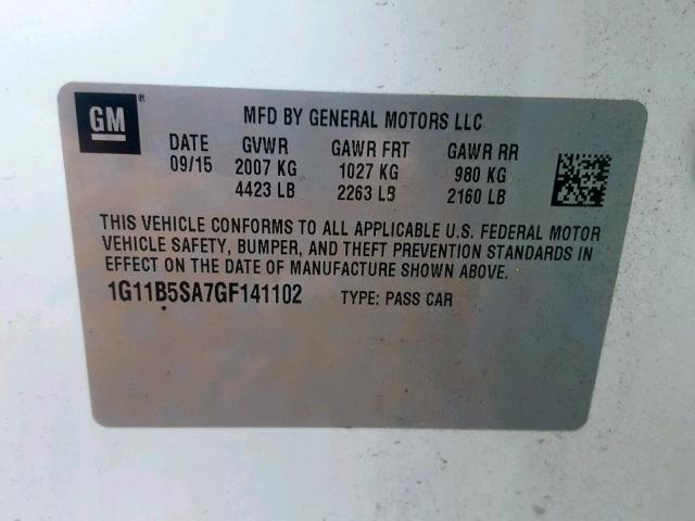 1G11B5SA7GF141102 - 2016 CHEVROLET MALIBU LIM 白色 照片 10