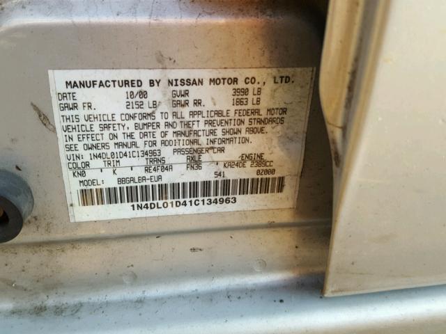 1N4DL01D41C134963 - 2001 NISSAN ALTIMA XE SILVER photo 10