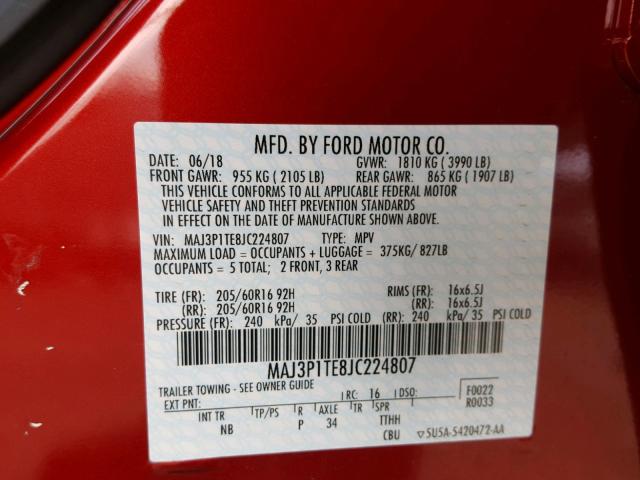 MAJ3P1TE8JC224807 - 2018 FORD ECOSPORT S RED photo 10