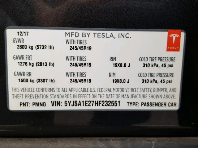 5YJSA1E27HF232551 - 2017 TESLA MODEL S Մոխրագույն լուսանկար 10