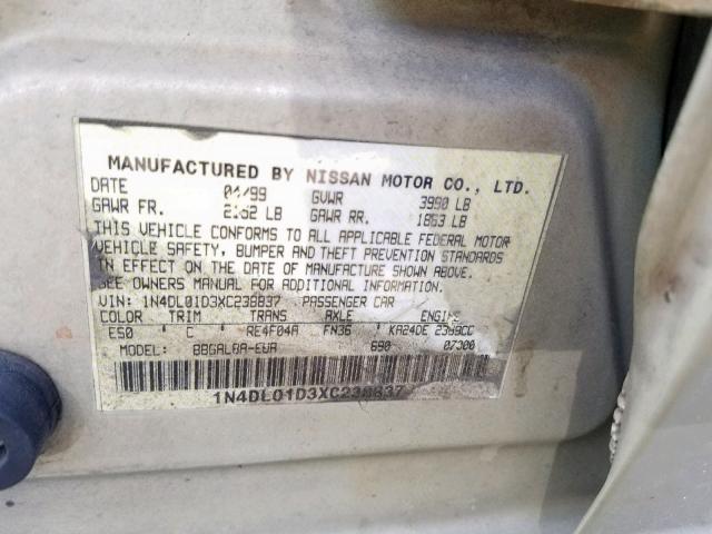 1N4DL01D3XC238837 - 1999 NISSAN ALTIMA XE GOLD photo 10