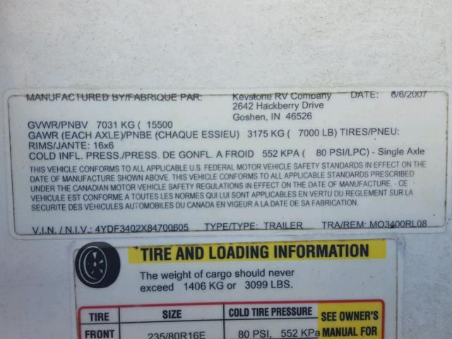 4YDF3402X84700605 - 2008 KEYSTONE MONTANA WHITE photo 10