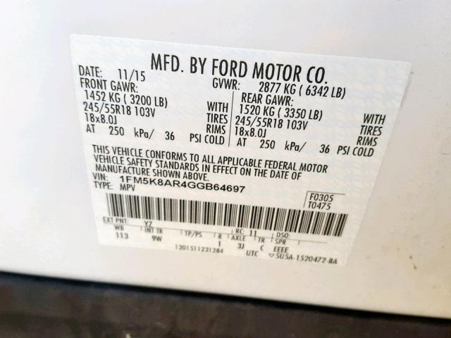 1FM5K8AR4GGB64697 - 2016 FORD EXPLORER P TWO TONE photo 10