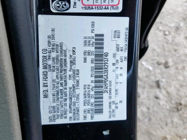 3FAHP0GA3BR293740 - 2011 FORD FUSION S BLACK photo 10