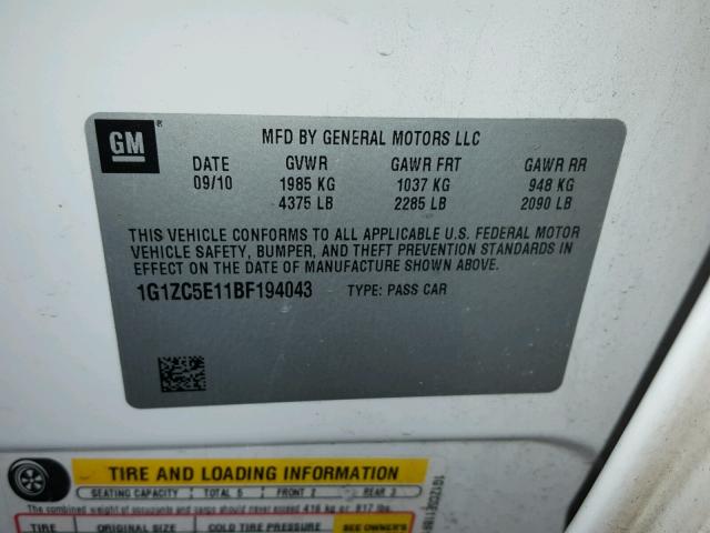 1G1ZC5E11BF194043 - 2011 CHEVROLET MALIBU 1LT WHITE photo 10