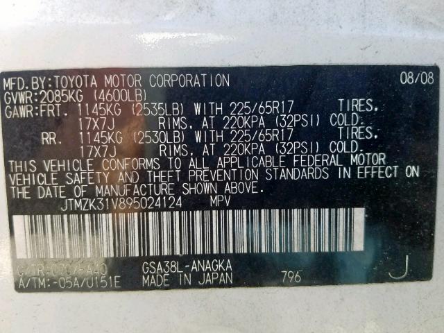 JTMZK31V895024124 - 2009 TOYOTA RAV4 LIMIT WHITE photo 10