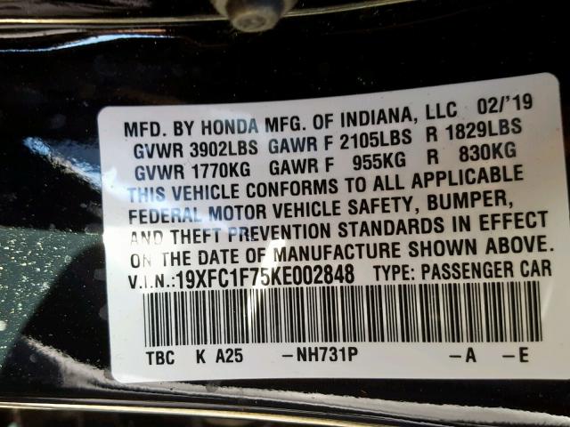 19XFC1F75KE002848 - 2019 HONDA CIVIC EXL 黑色 照片 10