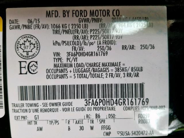 3FA6P0HD4GR161769 - 2016 FORD FUSION SE  photo 10