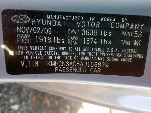 KMHCN3AC8AU166829 - 2010 HYUNDAI ACCENT SE SILVER photo 10