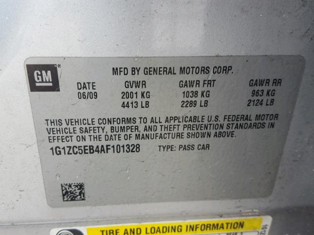 1G1ZC5EB4AF101328 - 2010 CHEVROLET MALIBU 1LT SILVER photo 10