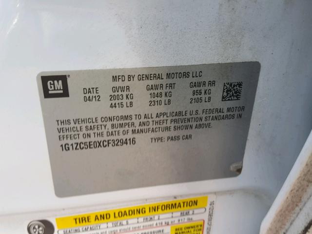 1G1ZC5E0XCF329416 - 2012 CHEVROLET MALIBU 1LT თეთრი ფოტო 10