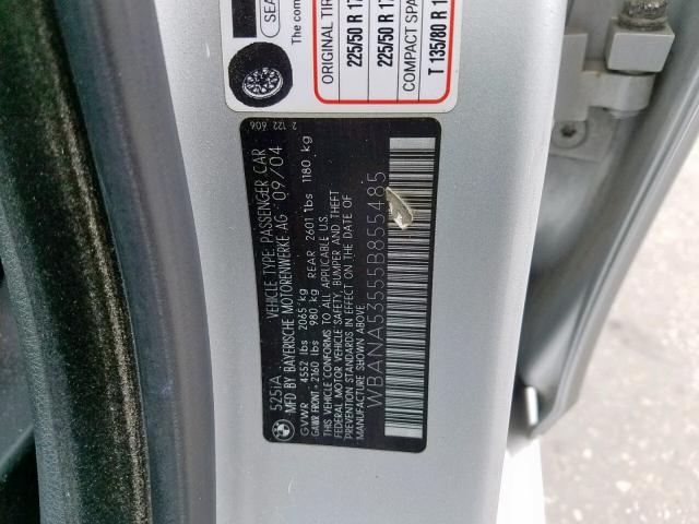 WBANA53555B855485 - 2005 BMW 525 I SILVER photo 10