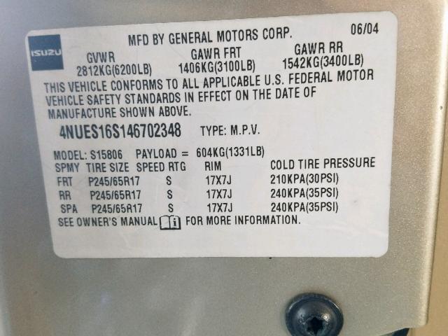 4NUES16S146702348 - 2004 ISUZU ASCENDER S 金色 照片 10