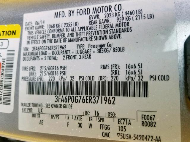 3FA6P0G76ER371962 - 2014 FORD FUSION S SILVER photo 10